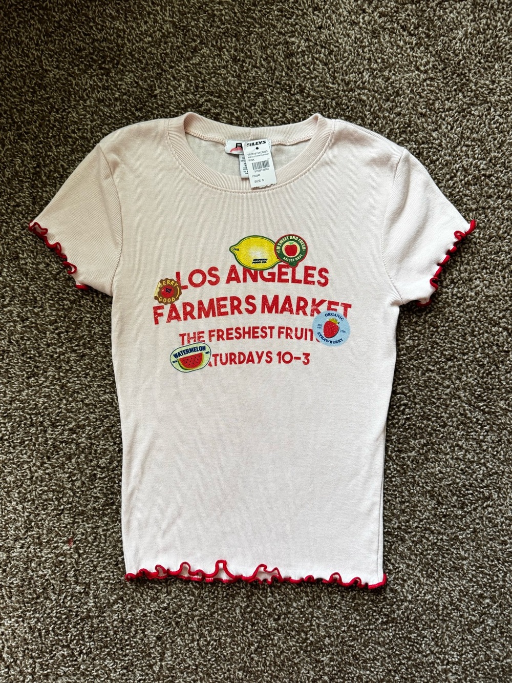 Tilly's Light Pink Los Angeles Farmers Market Graphic Tee with Red Trim Small